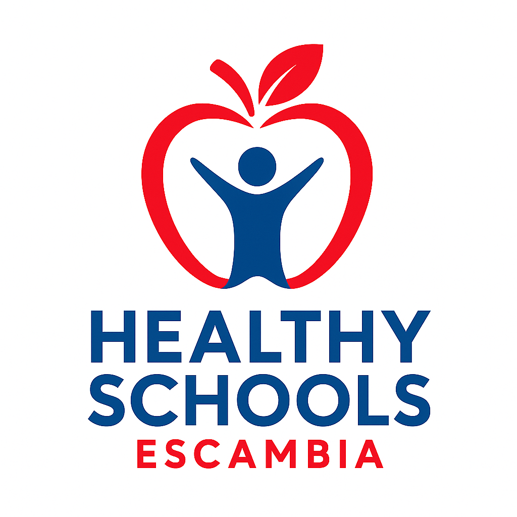 Logo with Healthy Schools Escambia and a red apple and a blue person.