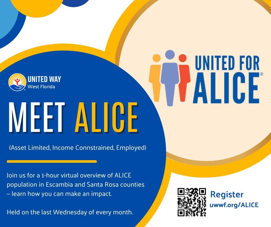 United Way of West Florida flyer for the virtual Meet ALICE overview in Escambia and Santa Rosa counties.
