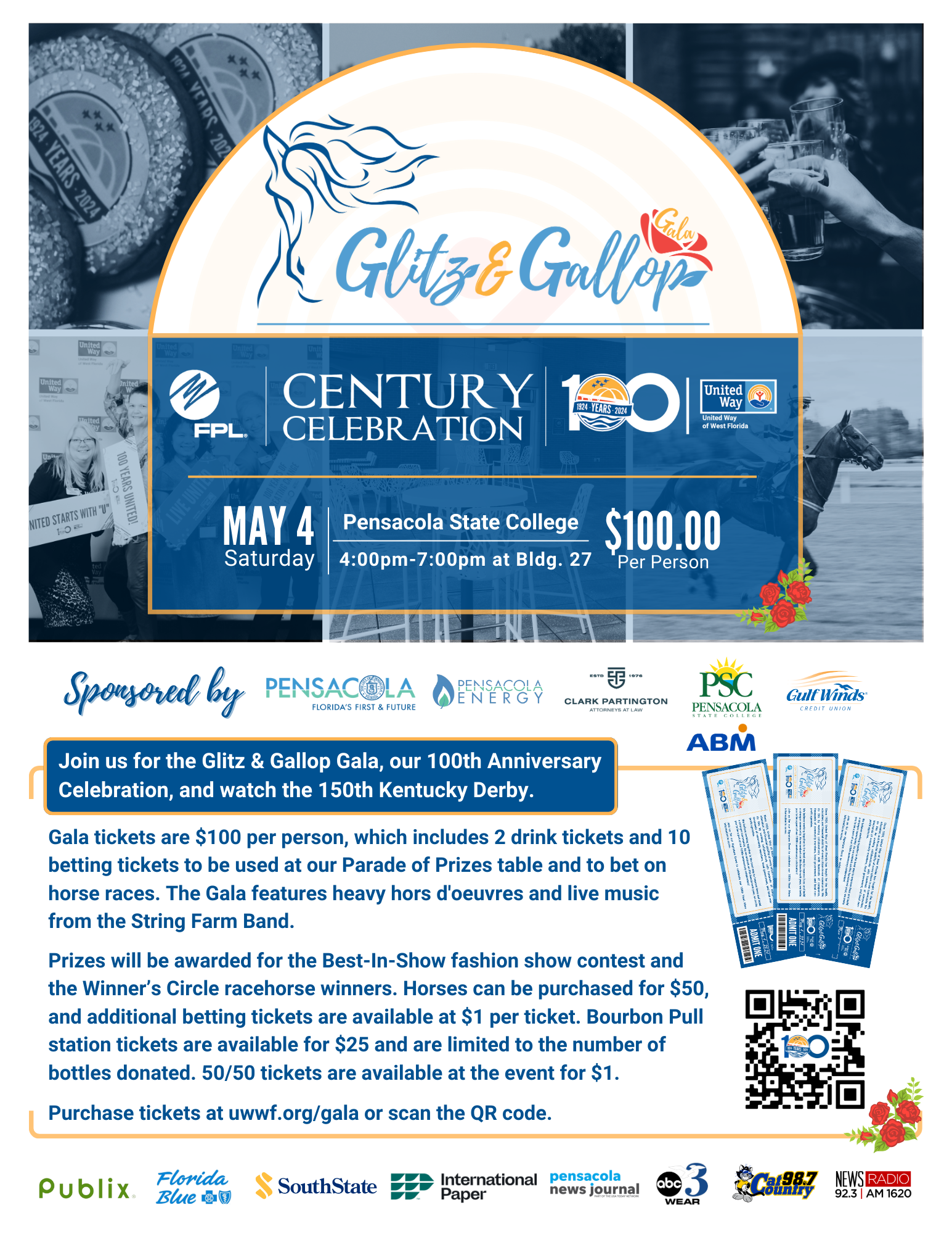 Glitz & Gallop Gala flyer for May 4th, 2024, at the Pensacola State College campus