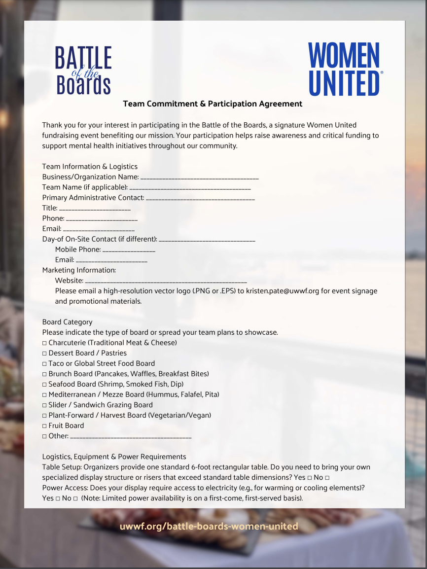 women united Battle of the Boards Team Sign up and Commitment Form