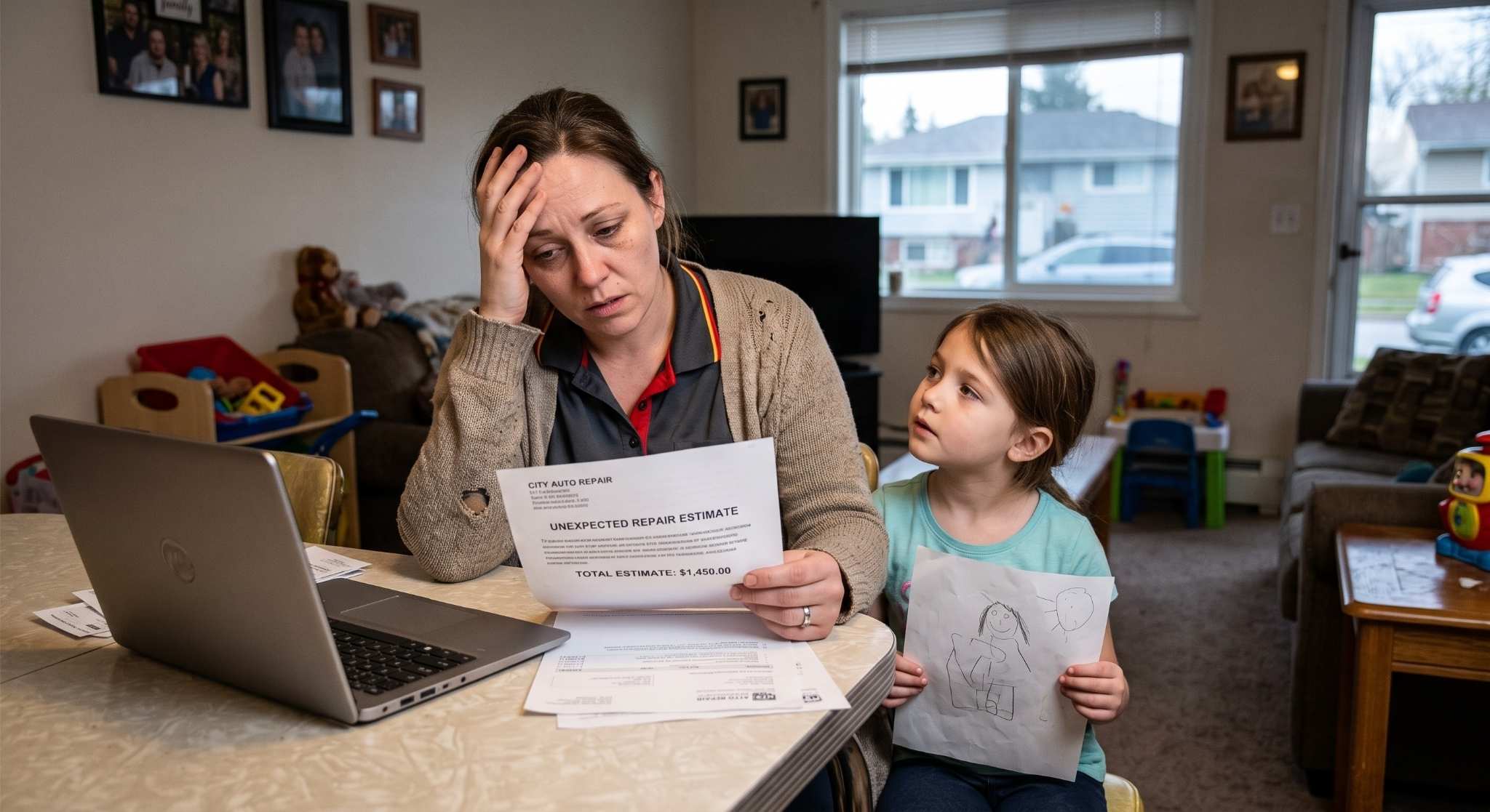 A stressed working mother sitting at a kitchen table looking at an unexpected auto repair estimate bill while her young daughter sits next to her holding a drawing, illustrating the financial strain of being one emergency away.