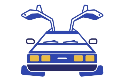 Picture of a cartoon car with doors that open up like the delorian in the movie Back to the Future.
