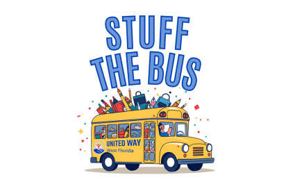 Stuff the Bus graphic of a school bus with supplies coming out of it.