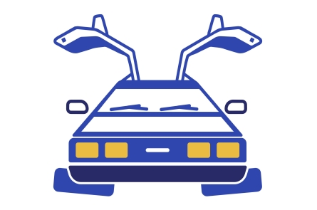 Picture of a cartoon car with doors that open up like the delorian in the movie Back to the Future.
