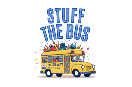 Stuff the Bus graphic of a school bus with supplies coming out of it.