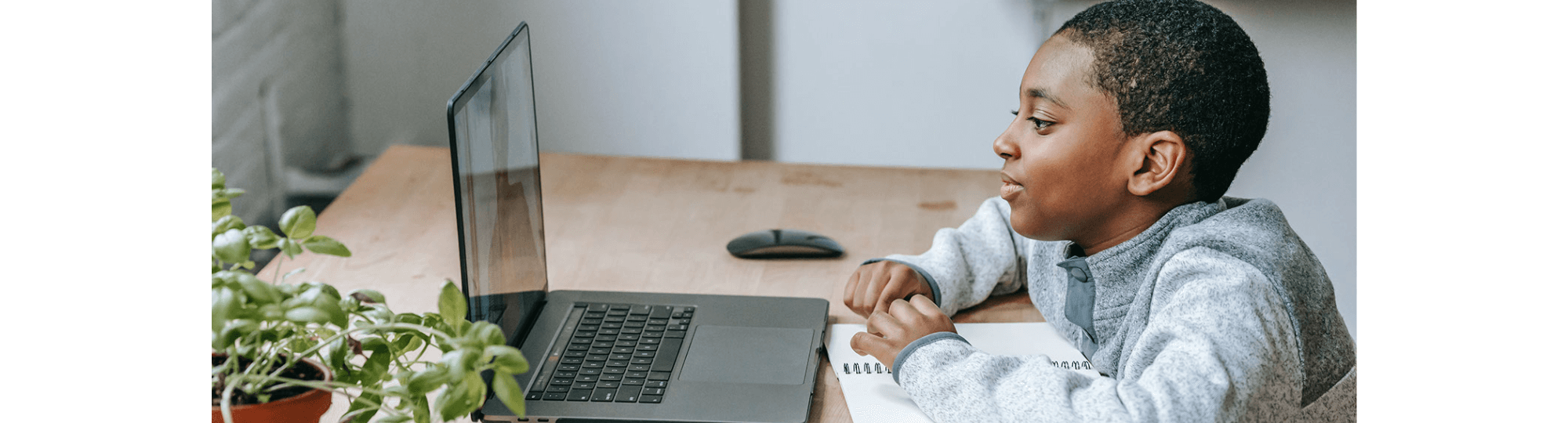 Young boy learning at computer.