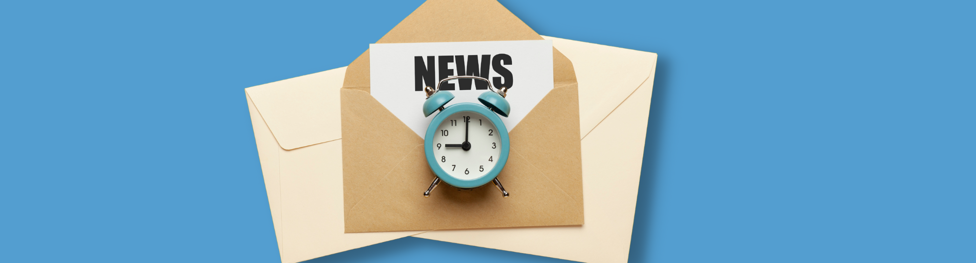 the word news in an envelope over envelopes and a clock